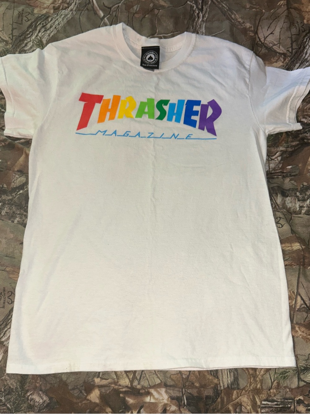 Thrasher White Tee with Rainbow Logo